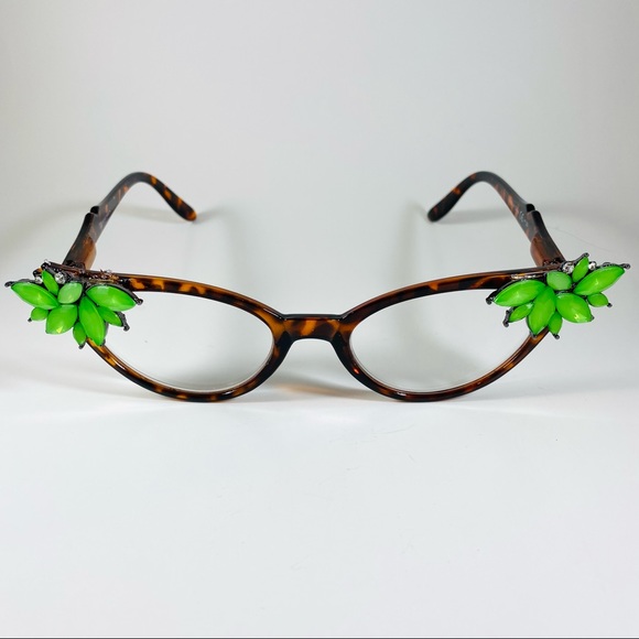 House Of Adornments Accessories - Retro Readers tortoise frames with Bright green rhinestones +1.25 reading
